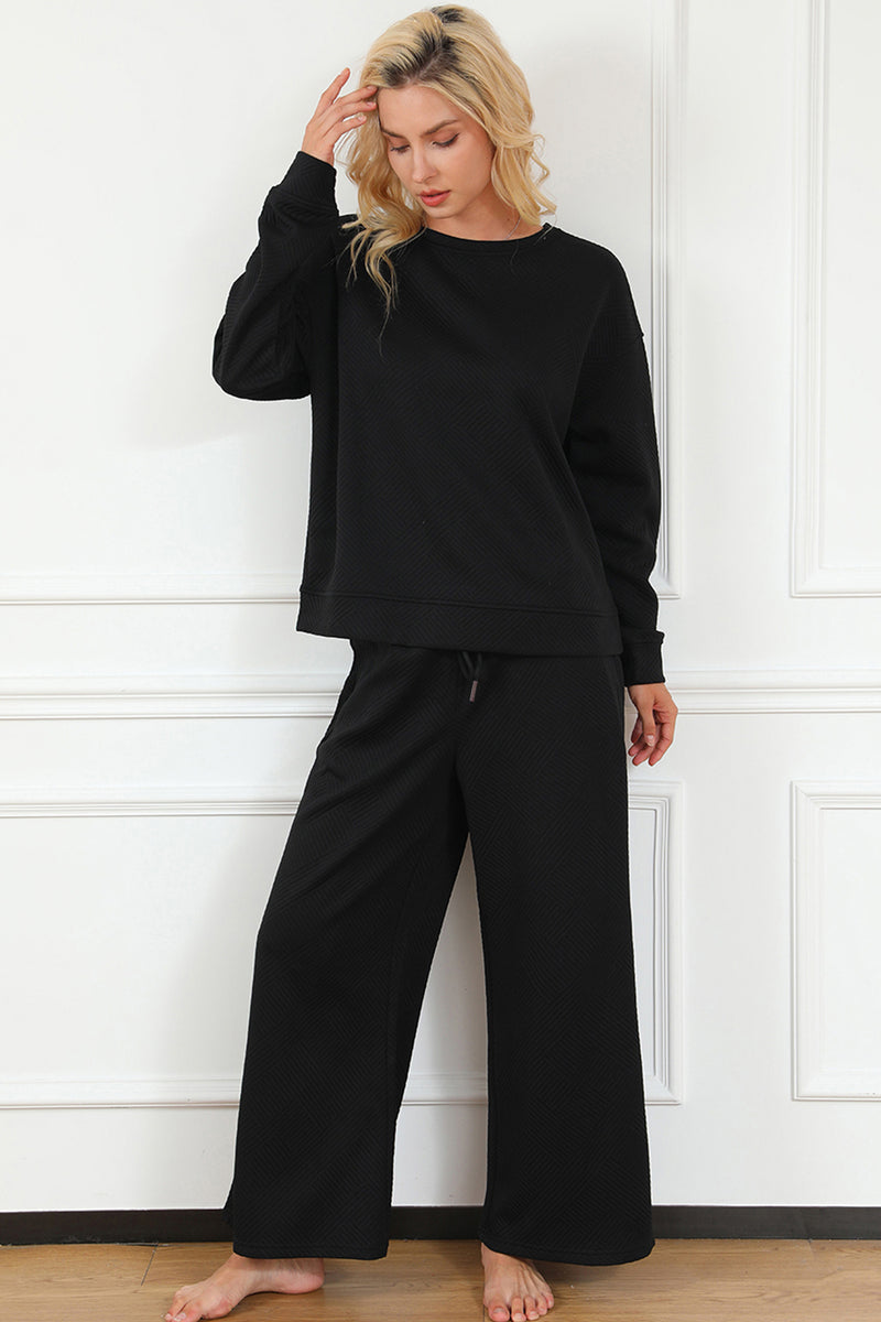 Violet Textured Long Sleeve Top and Drawstring Pants Set