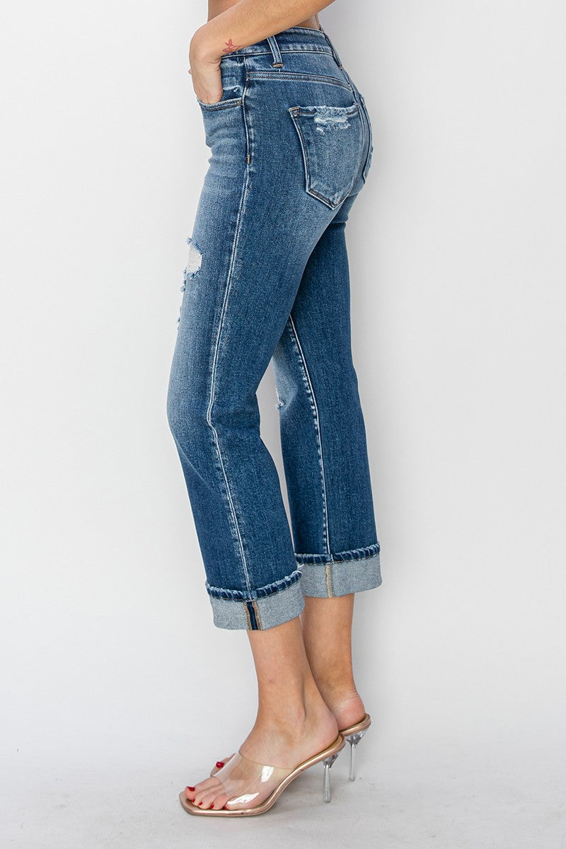 Mirabelle Cuffed Ankle Distressed Straight Jeans by RISEN