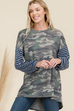 Camo Print High-Low Top with Stripe Sleeves