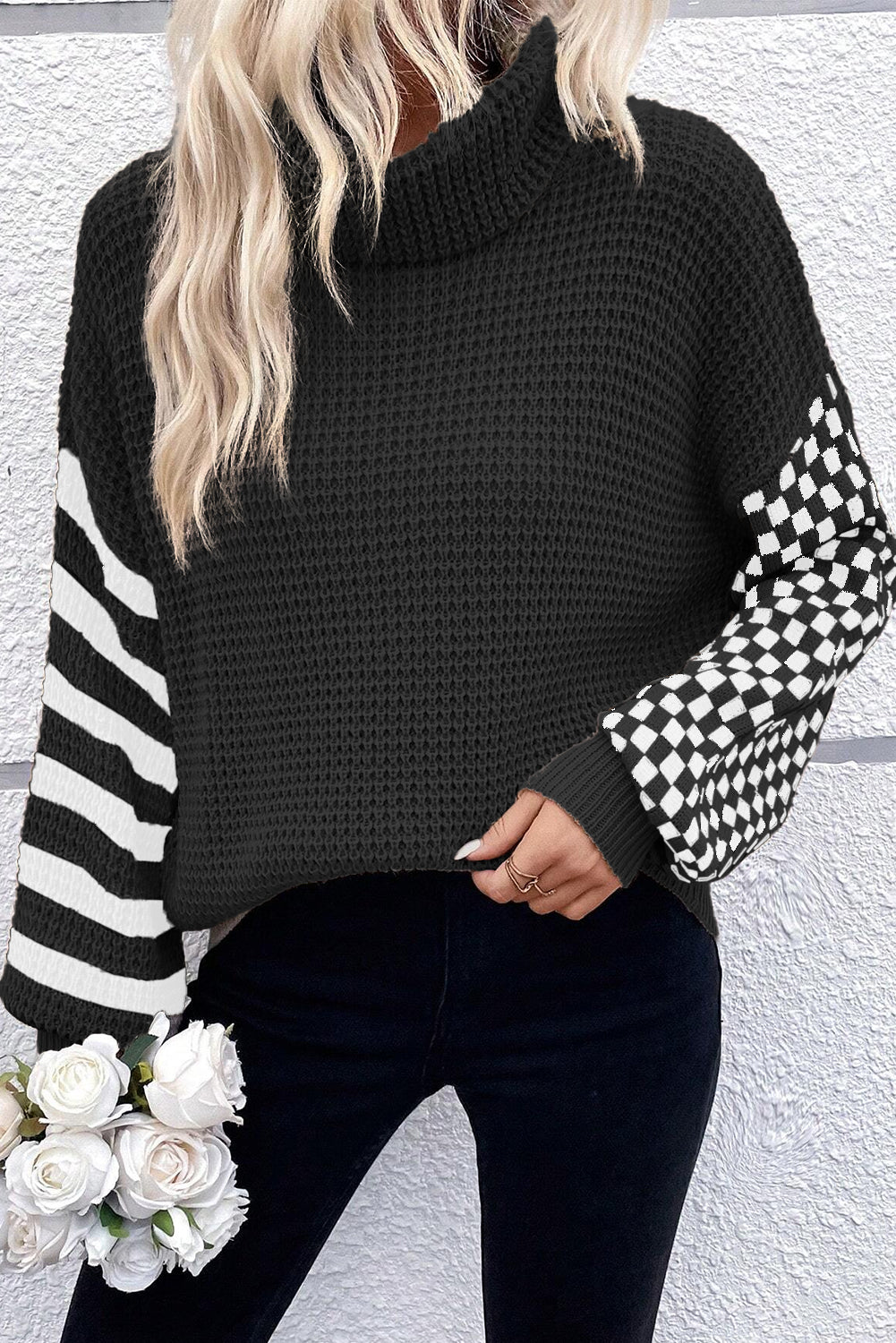 Larissa Striped Plaid Waffle Sweater