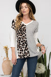 Leopard and Striped Print V-Neck T-Shirt