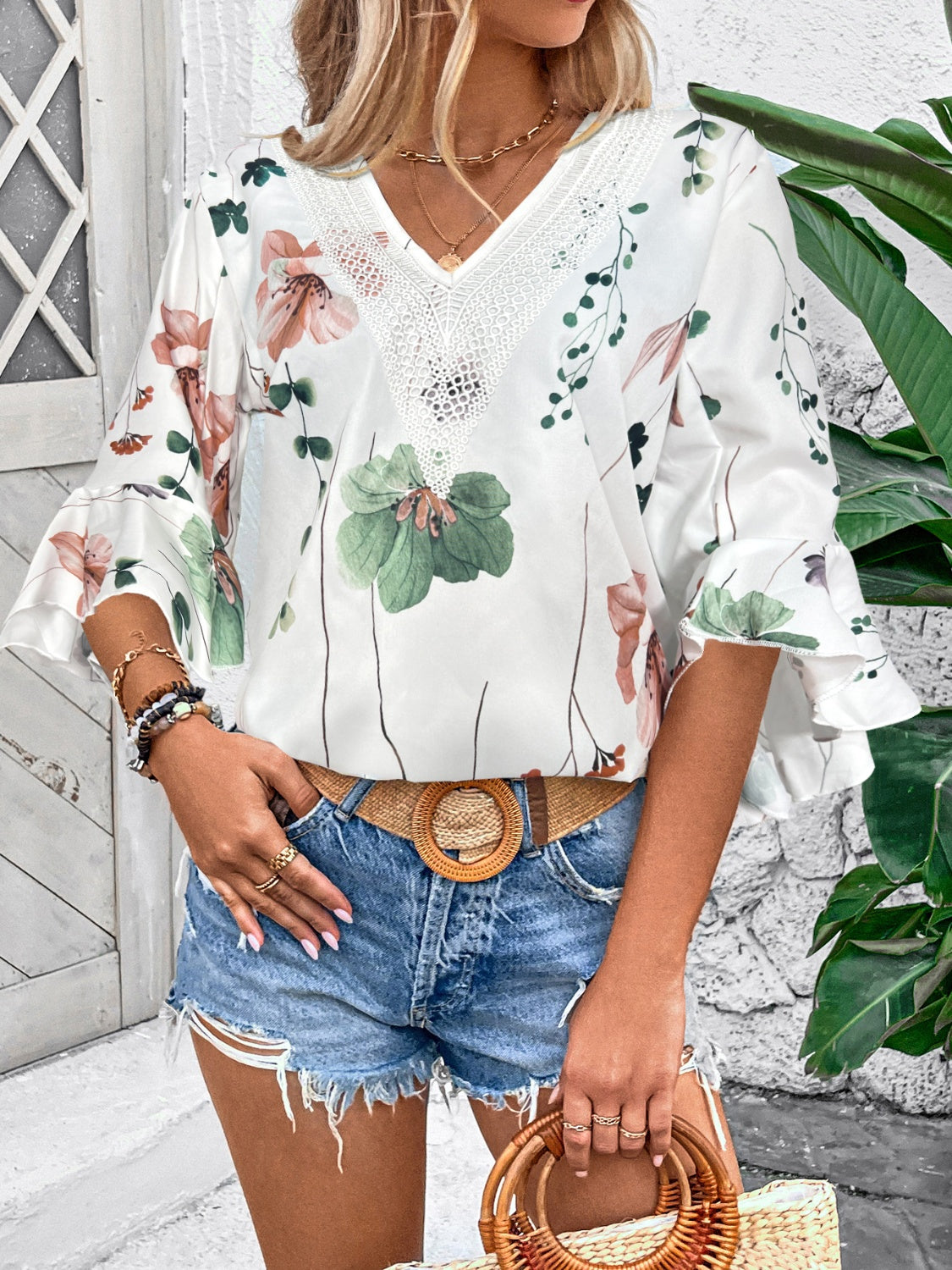 Rya Ruffled Printed V-Neck Blouse