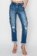 Hailey High Rise Cargo Ankle Roll Up Straight Jeans by RISEN