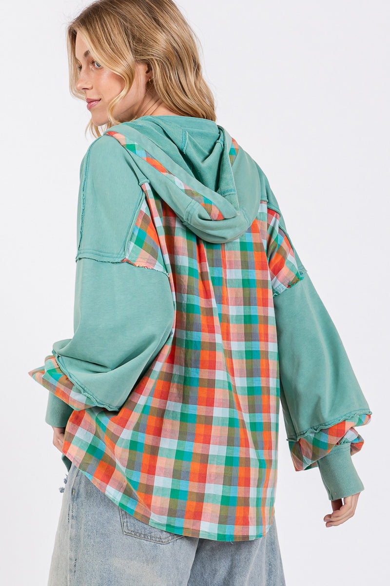 Sage Plaid Print Washed Hoodie