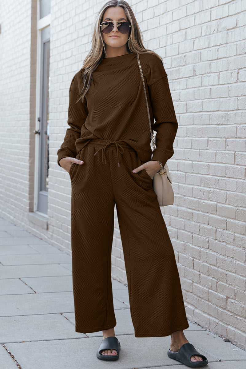 Violet Textured Long Sleeve Top and Drawstring Pants Set