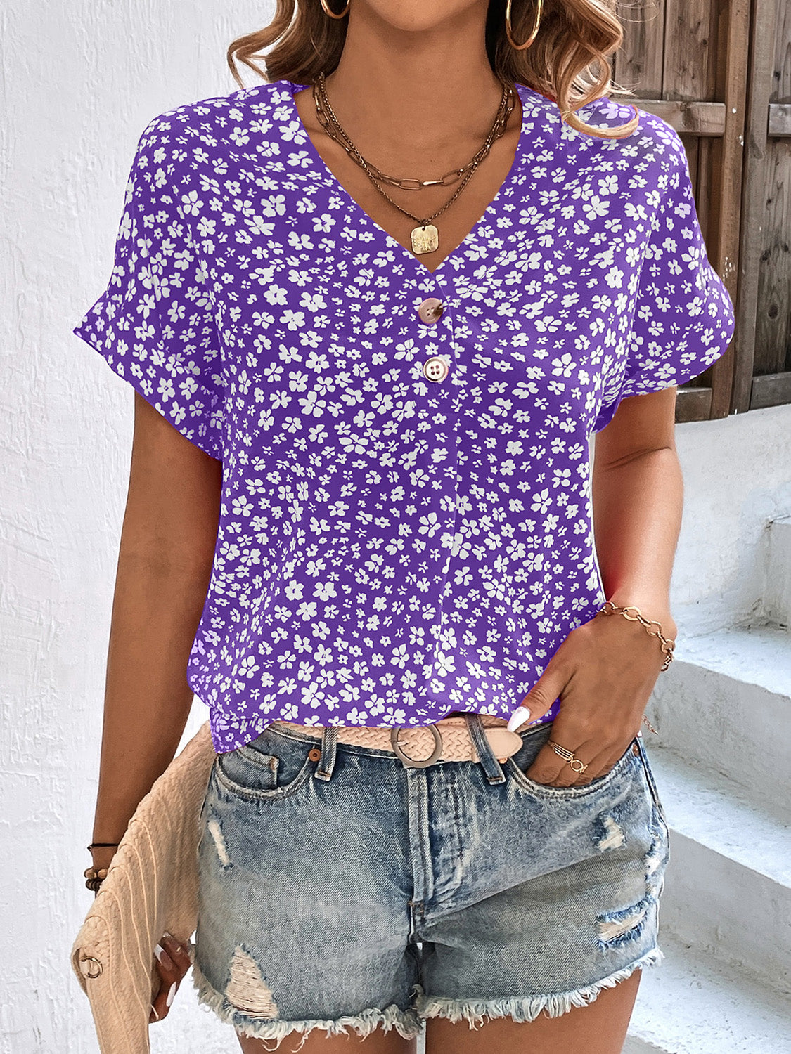 Karina Printed V-Neck Short Sleeve Blouse