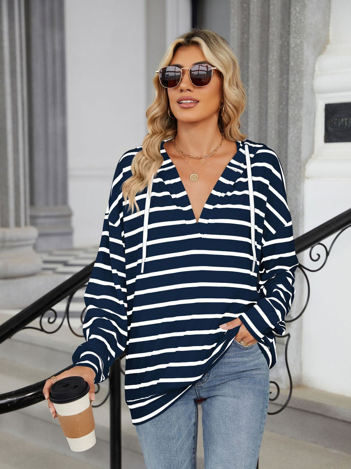 Miranda Drawstring Striped Long Sleeve Hoodie