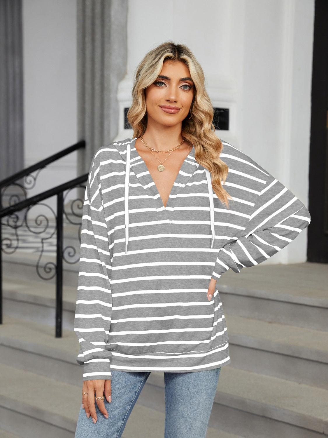 Miranda Drawstring Striped Long Sleeve Hoodie