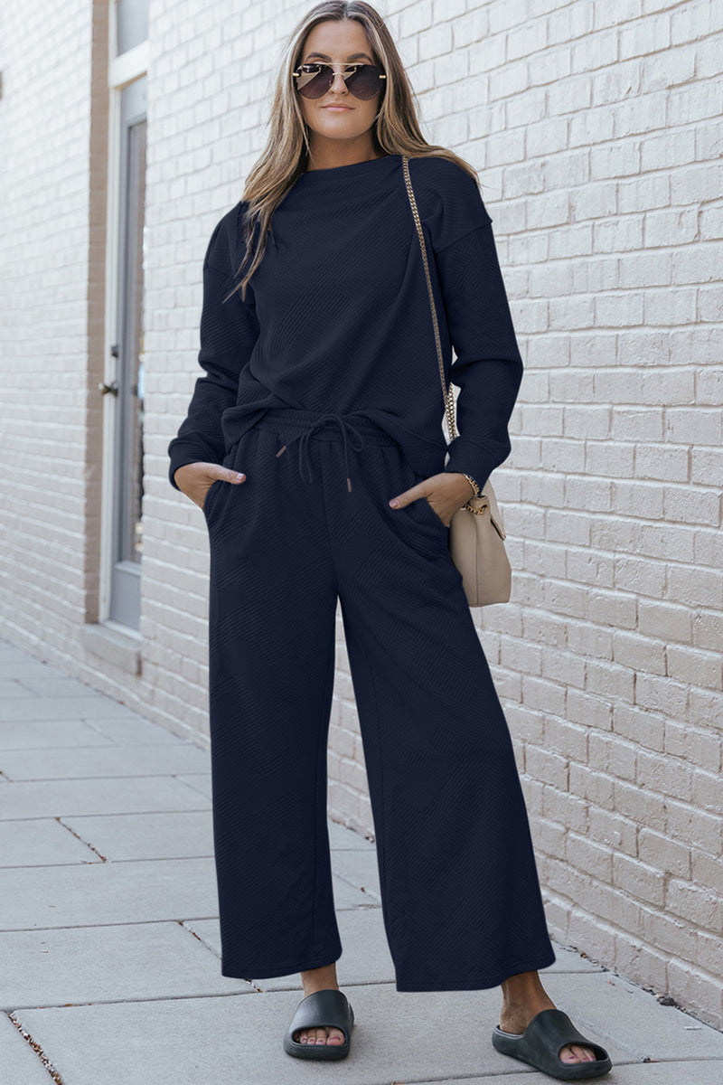 Violet Textured Long Sleeve Top and Drawstring Pants Set