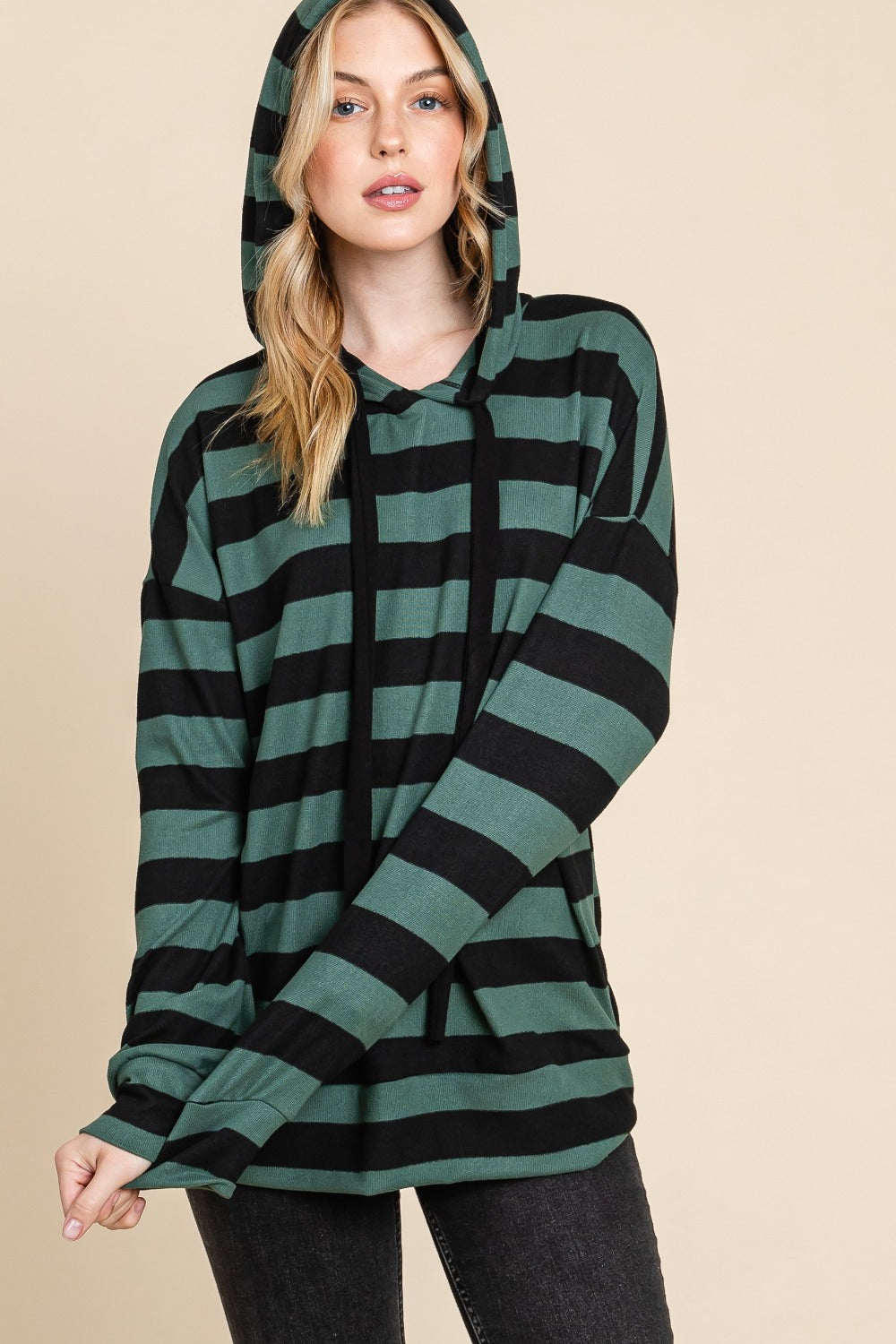 Regina Drawstring Striped Dropped Shoulder Hoodie