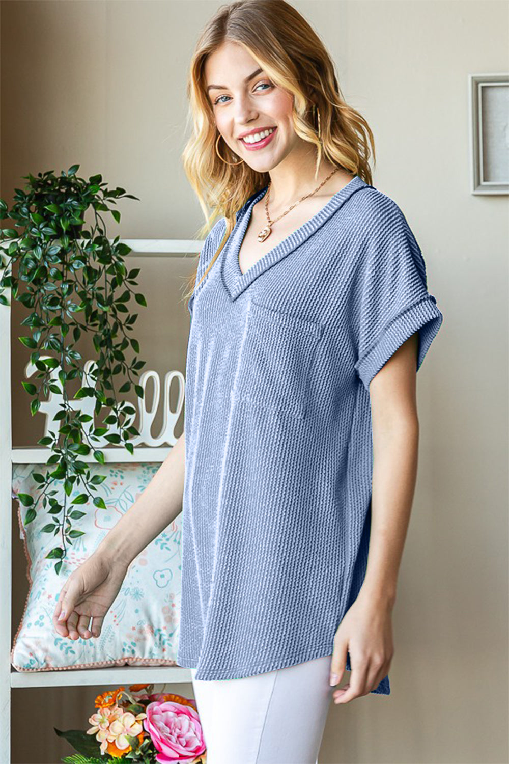 Becca Front Pocket Ribbed Top in Blue