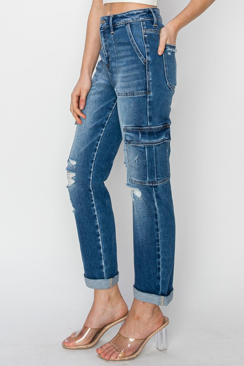 Hailey High Rise Cargo Ankle Roll Up Straight Jeans by RISEN