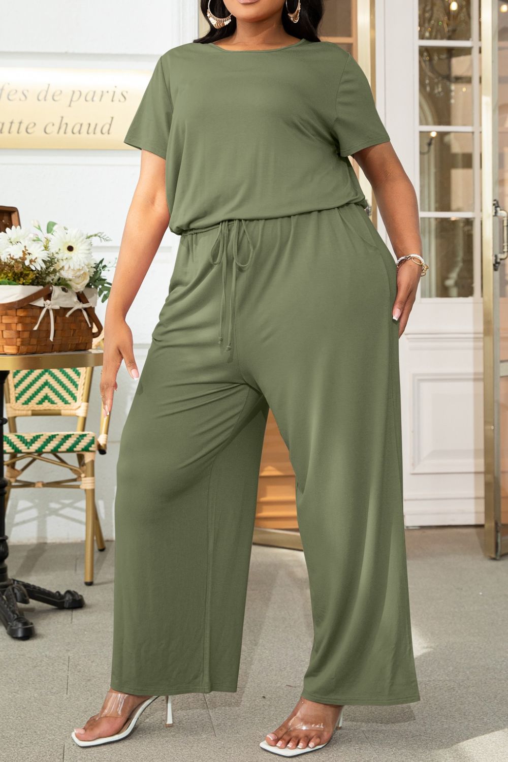 Emma Plus Size Drawstring Waist Short Sleeve Jumpsuit