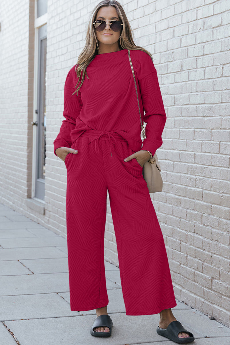 Violet Textured Long Sleeve Top and Drawstring Pants Set