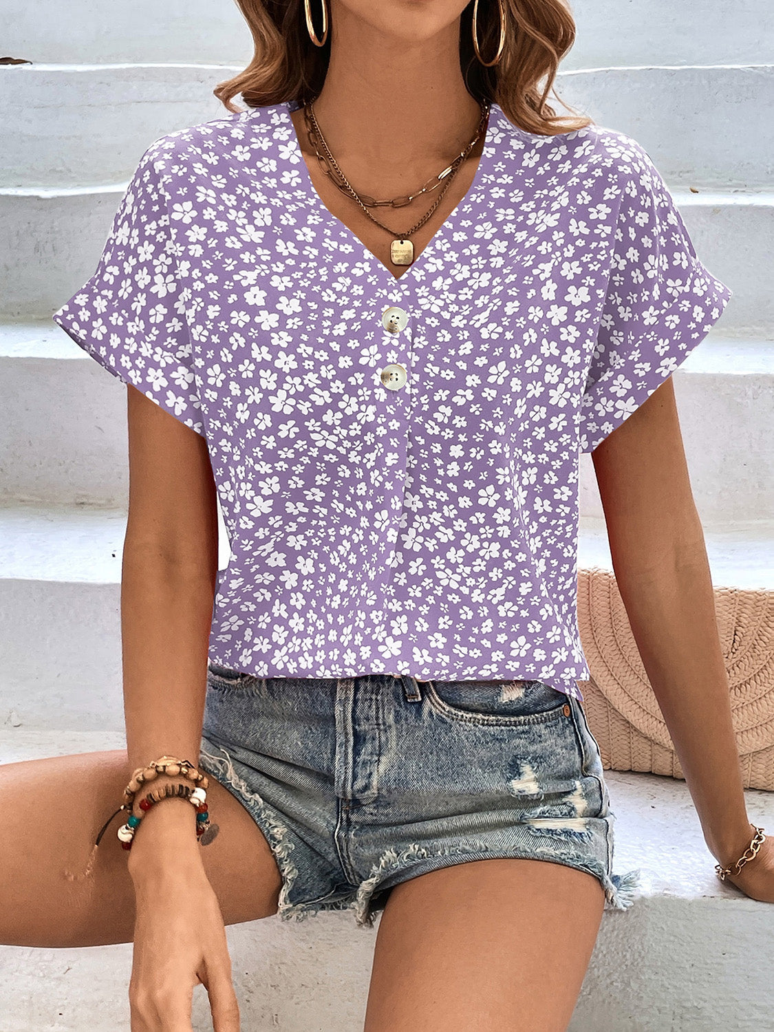 Karina Printed V-Neck Short Sleeve Blouse