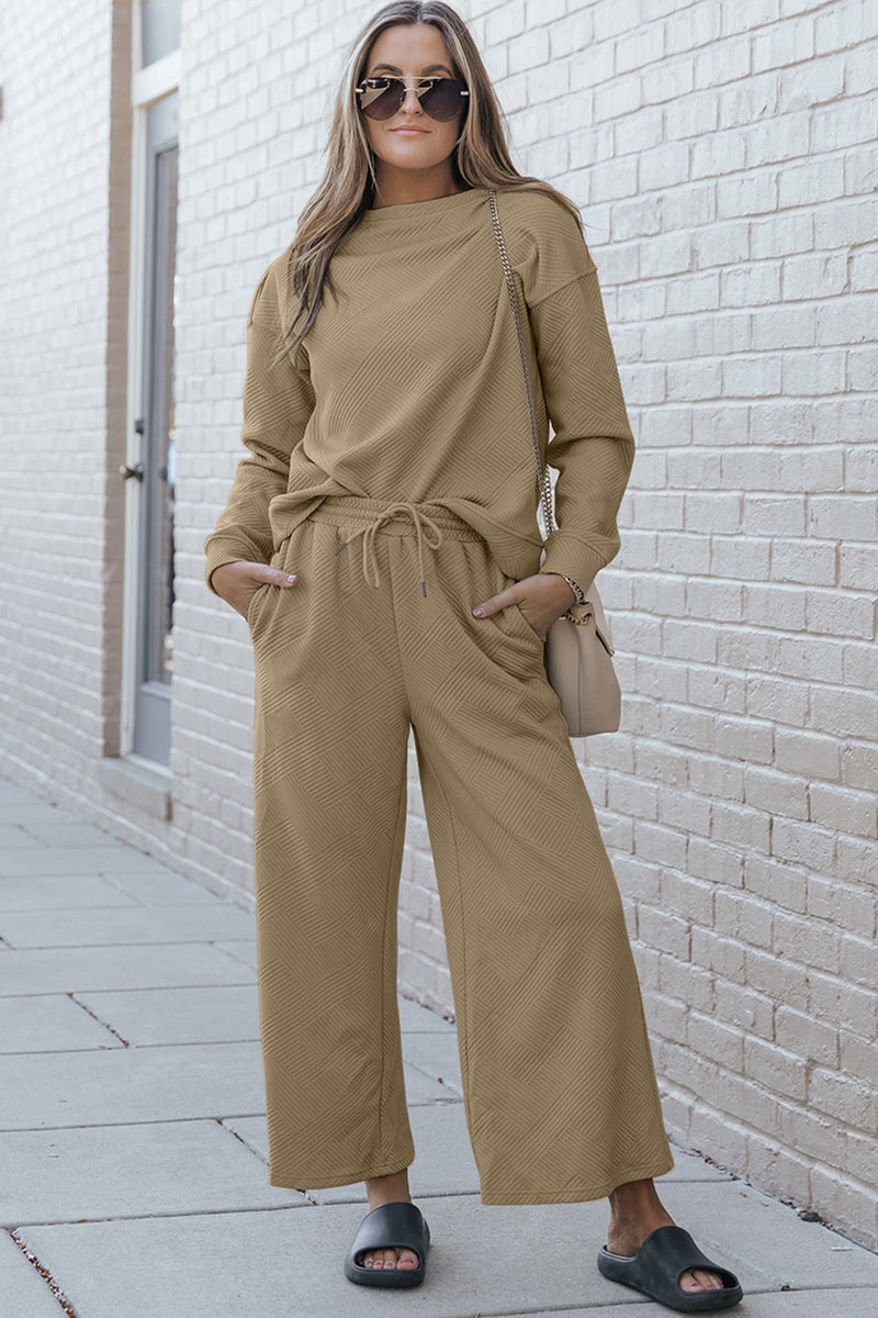 Violet Textured Long Sleeve Top and Drawstring Pants Set