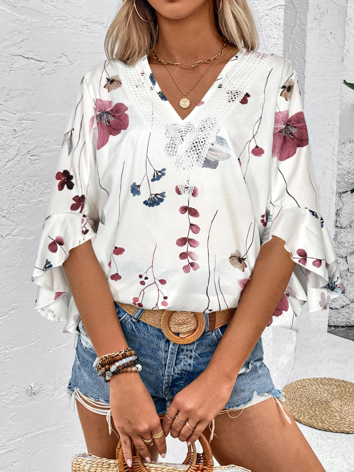 Rya Ruffled Printed V-Neck Blouse