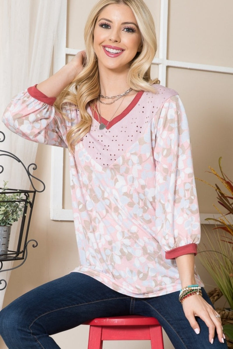 Leaf Print Contrast Trim Balloon Sleeve Top