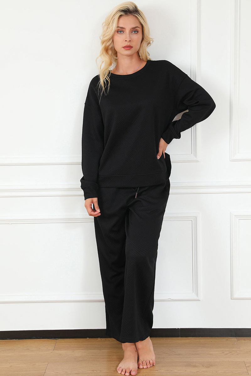 Violet Textured Long Sleeve Top and Drawstring Pants Set
