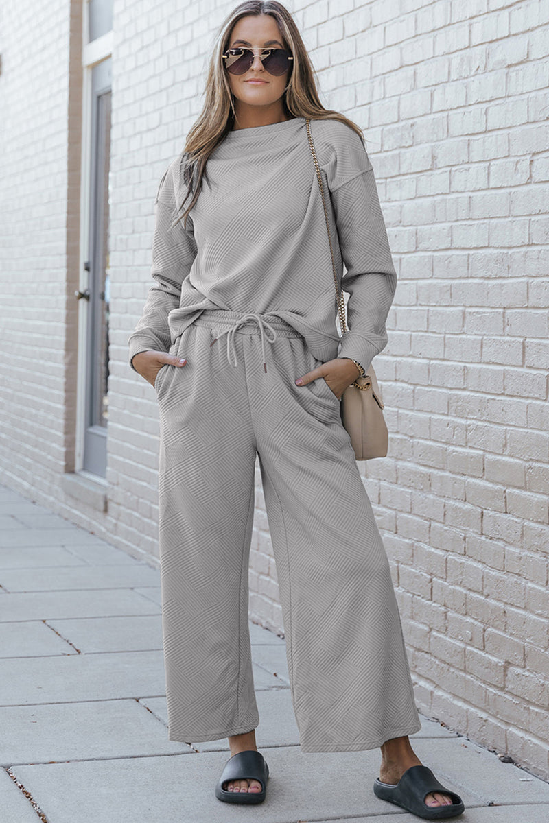 Violet Textured Long Sleeve Top and Drawstring Pants Set
