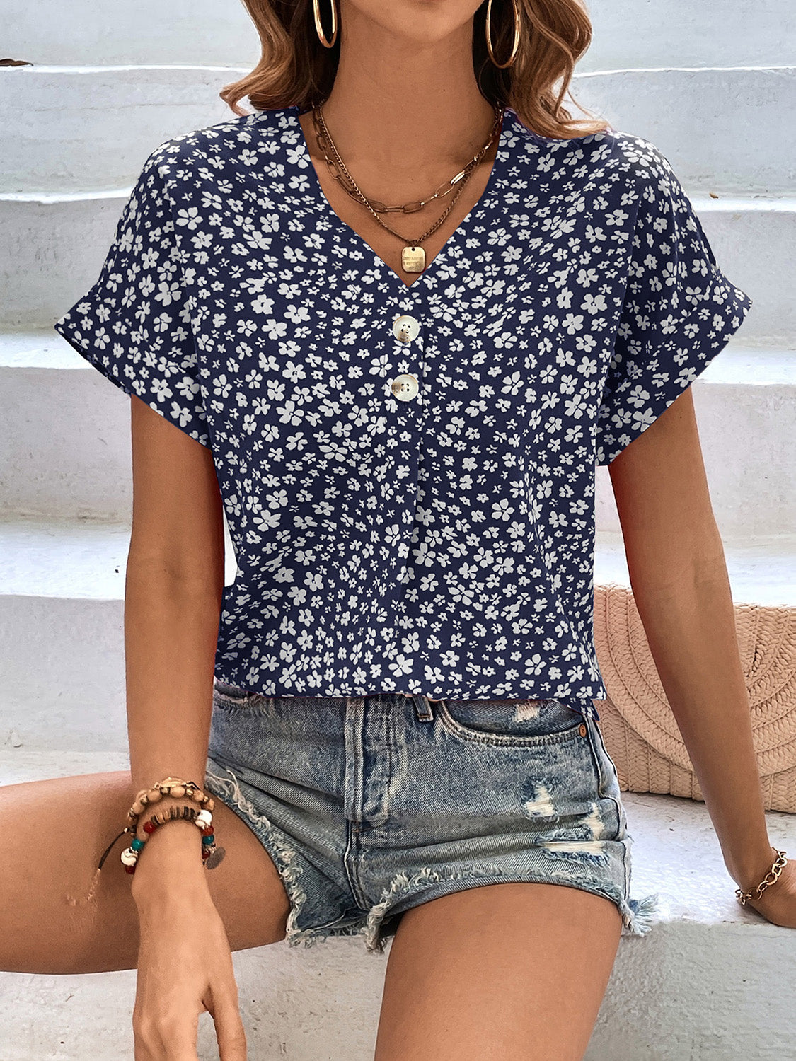 Karina Printed V-Neck Short Sleeve Blouse