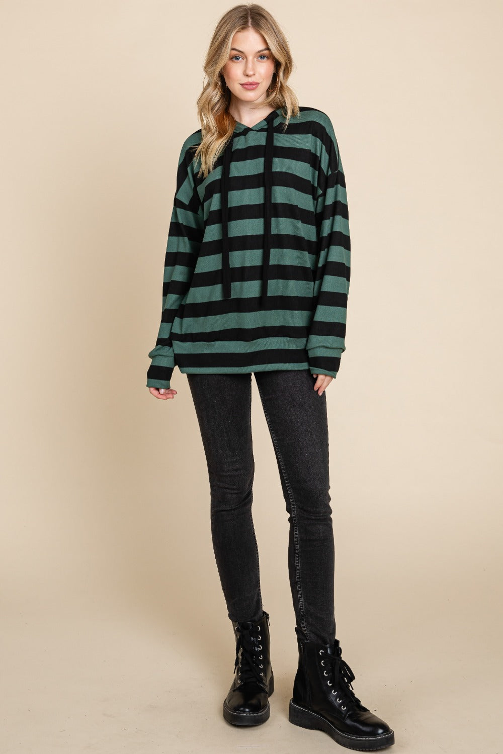 Regina Drawstring Striped Dropped Shoulder Hoodie