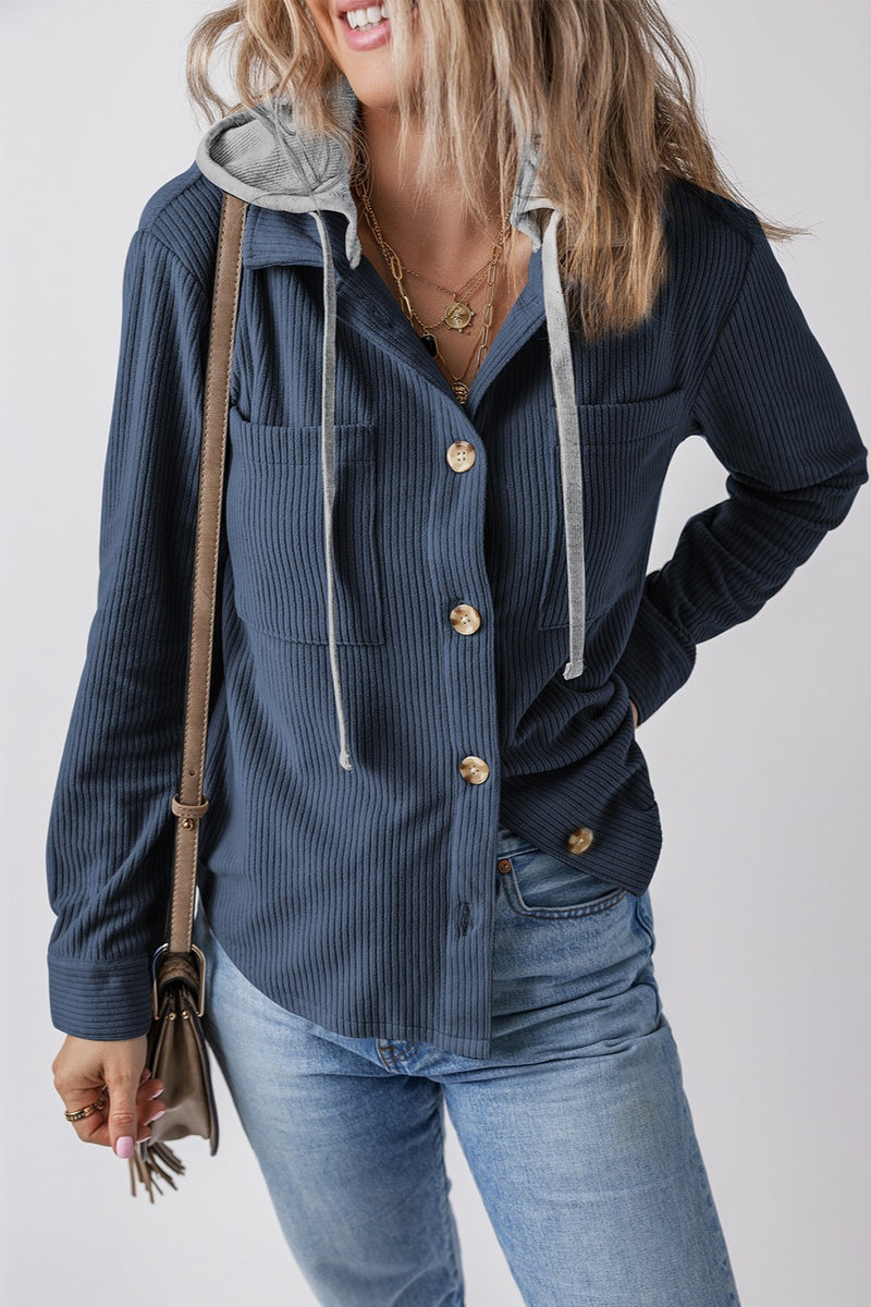 Lila Drawstring Button Up Hooded Jacket