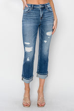 Mirabelle Cuffed Ankle Distressed Straight Jeans by RISEN