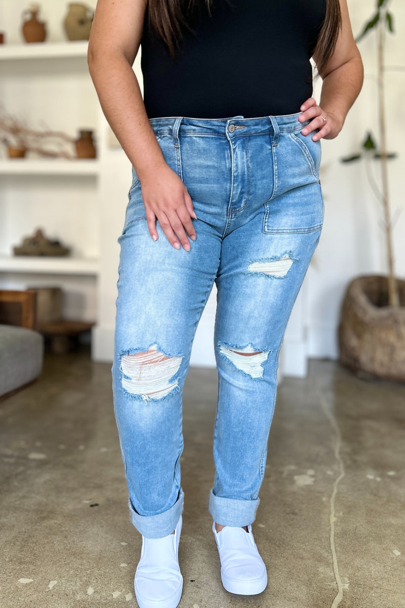 Zoey Distressed Straight Judy Blue Jeans with Patch Pockets