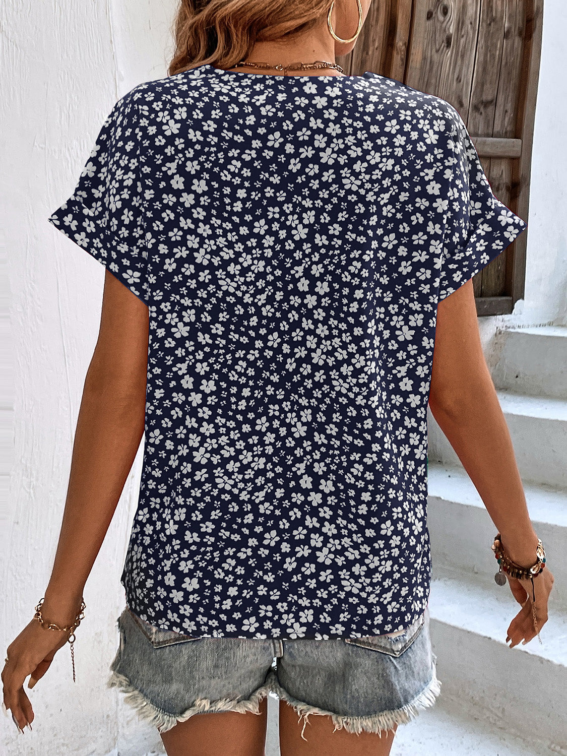 Karina Printed V-Neck Short Sleeve Blouse