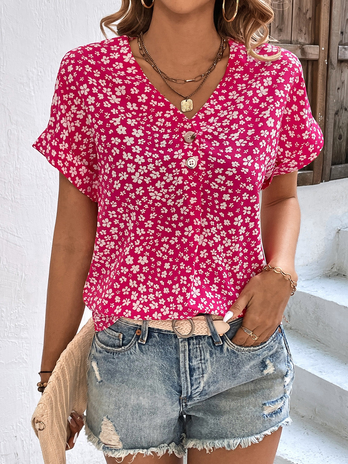 Karina Printed V-Neck Short Sleeve Blouse