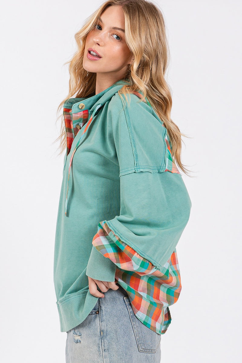 Sage Plaid Print Washed Hoodie