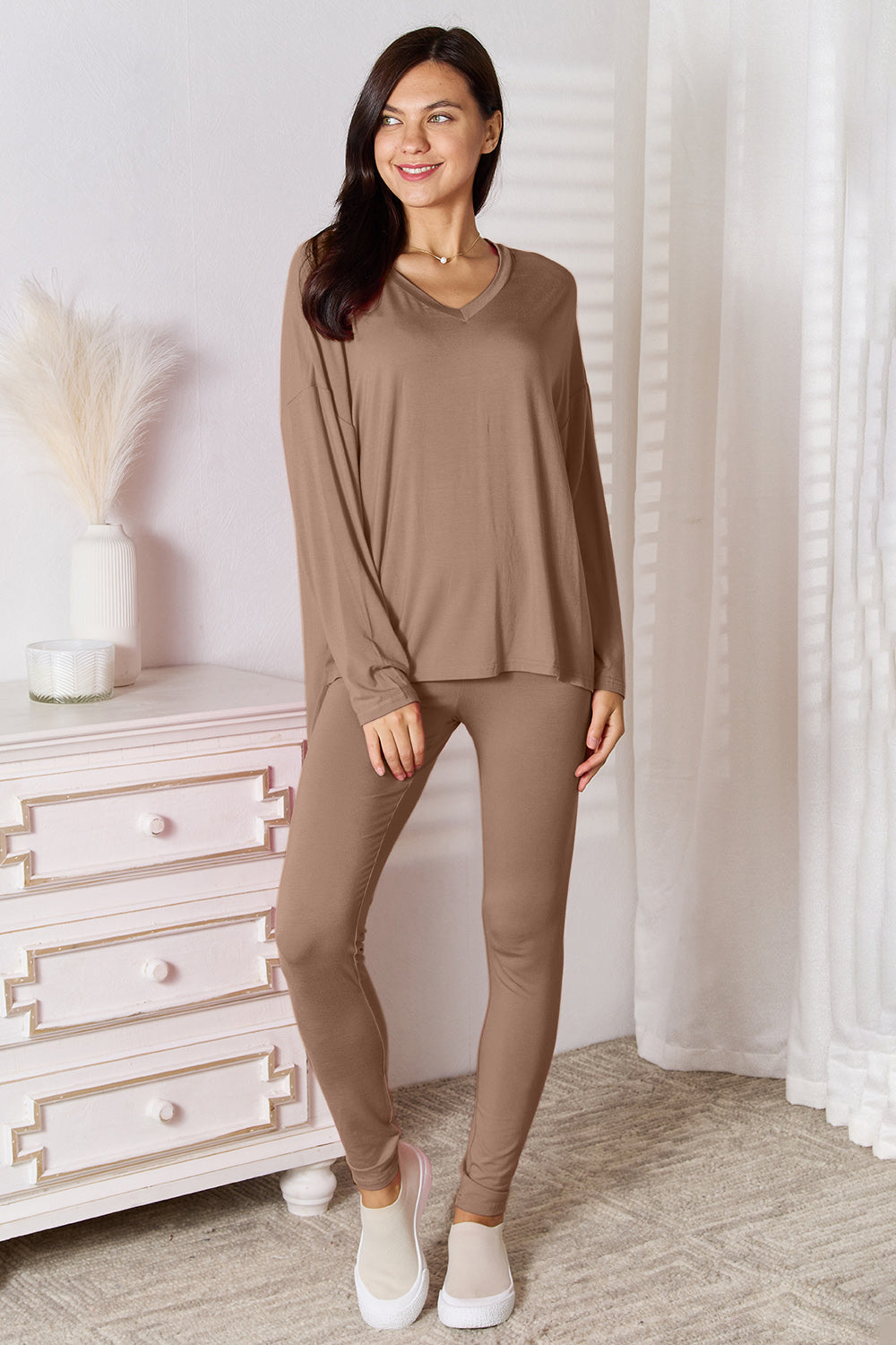 Bailey V-Neck Soft Rayon Long Sleeve Top and Pants Lounge Set