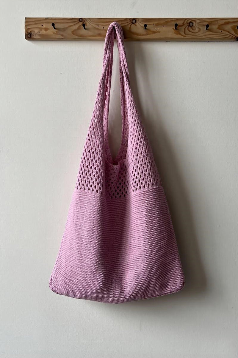 Crochet Mesh Half Pointelle Knit Tote Bag