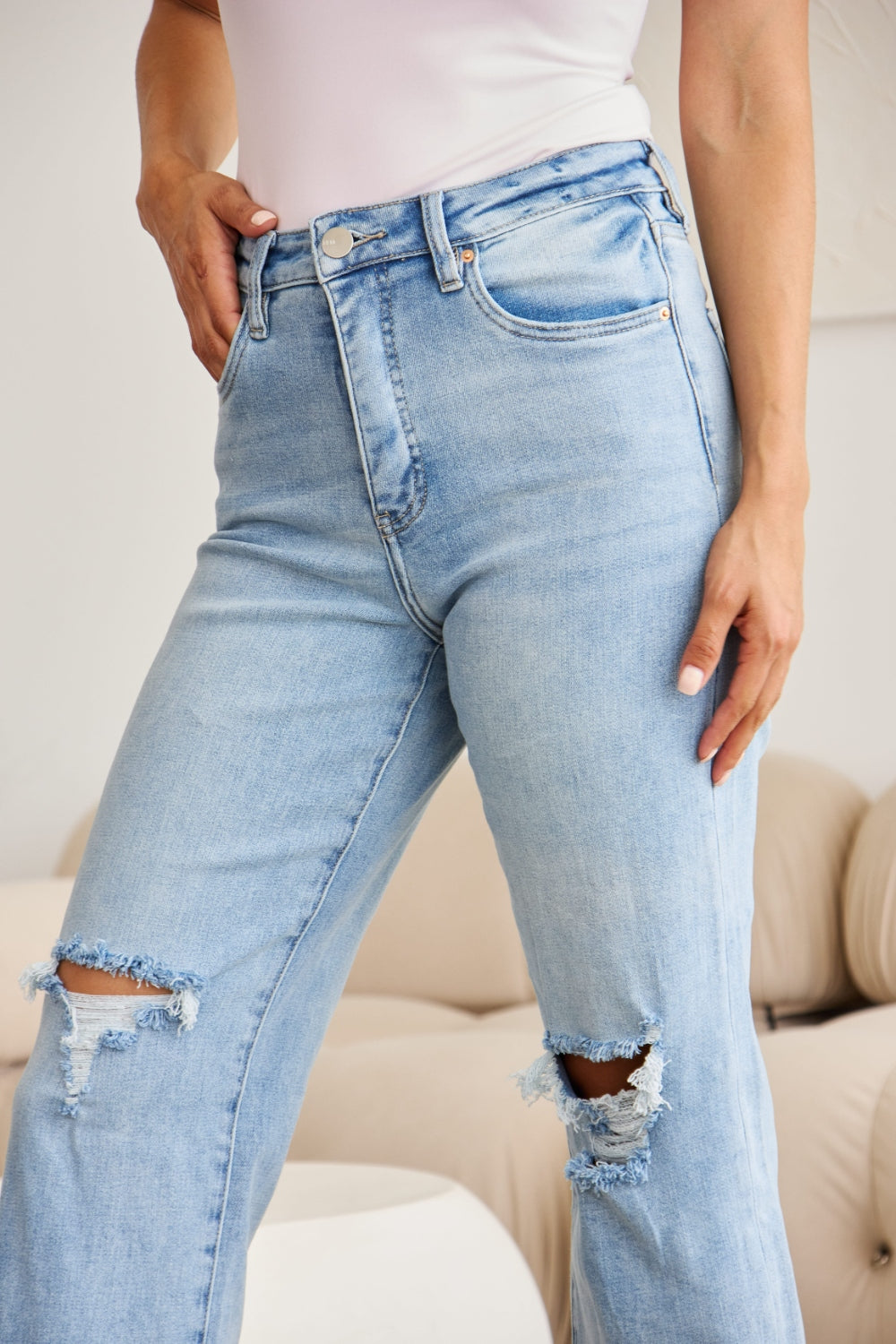 Taylor Tummy Control High Waist Raw Hem Distressed Risen Jeans