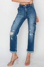 Hailey High Rise Cargo Ankle Roll Up Straight Jeans by RISEN