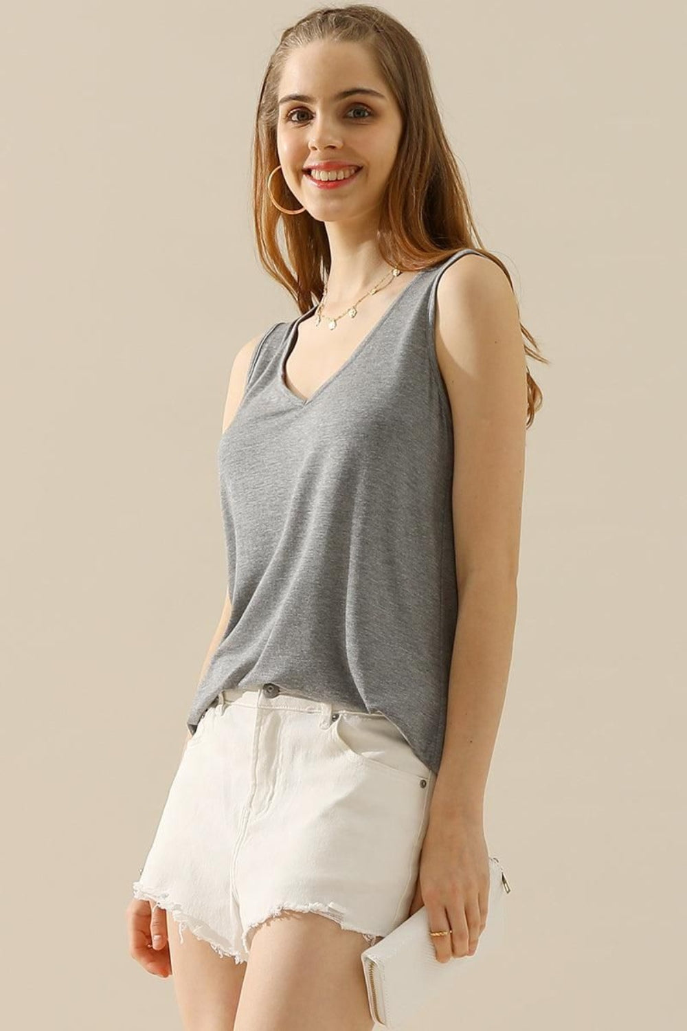 Mia V-Neck Curved Hem Tank