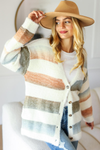 Button Down Stripe Soft Fuzzy Sweater Cardigan