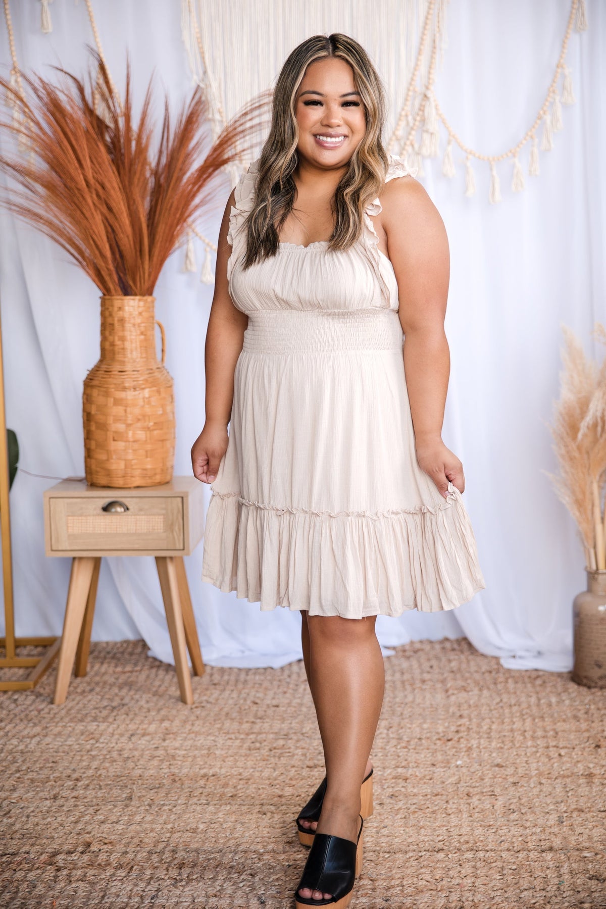 Beige Beauty Smocked Dress