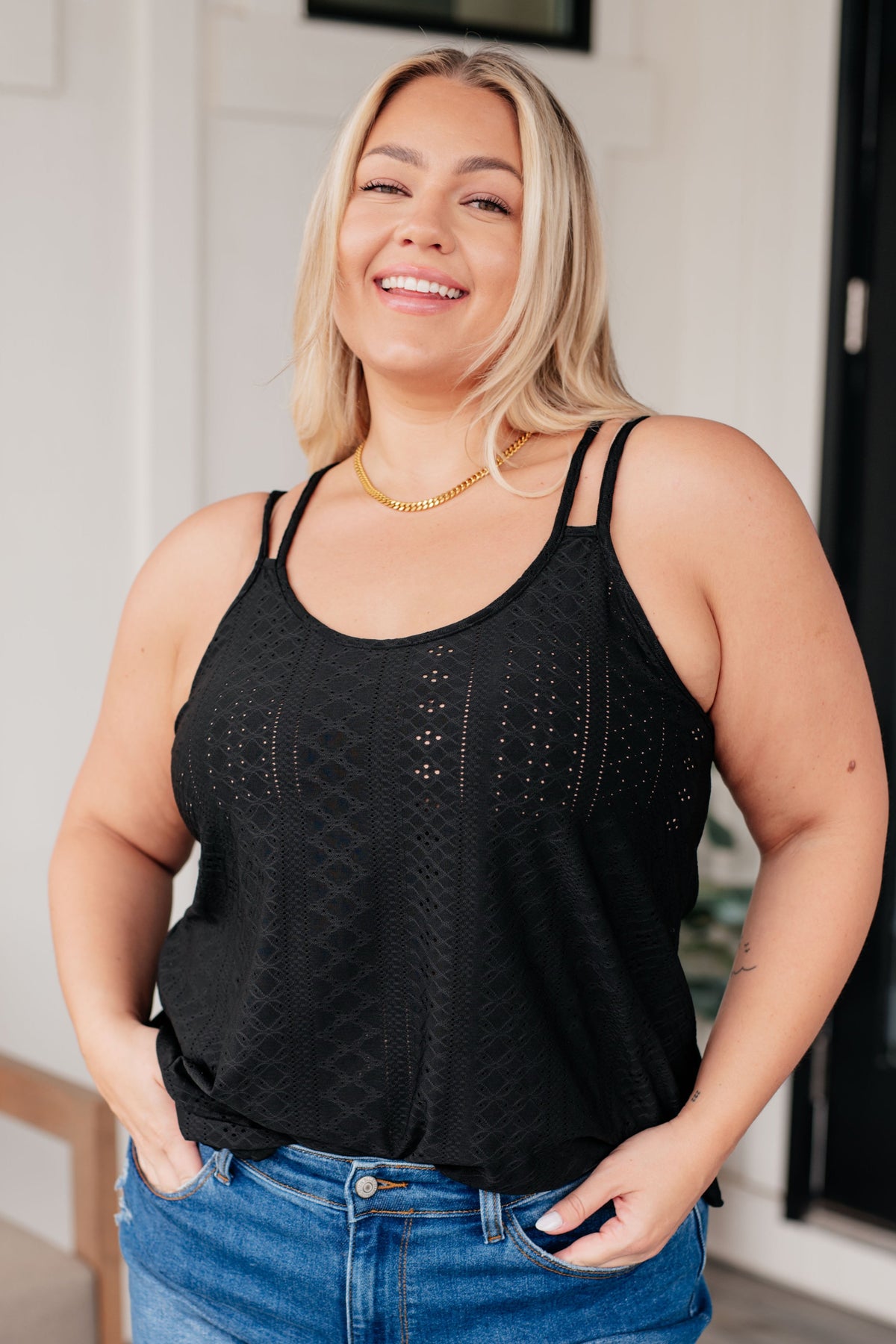 Eye on the Prize Eyelet Tank in Black