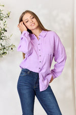 Texture Button Up Raw Hem Long Sleeve in Light Purple