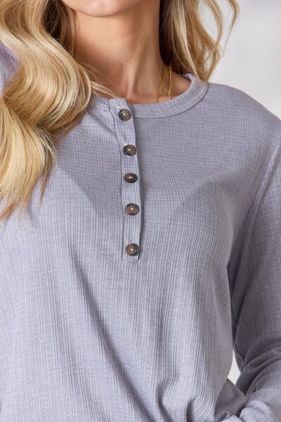 Texture Half Button Long Sleeve Top