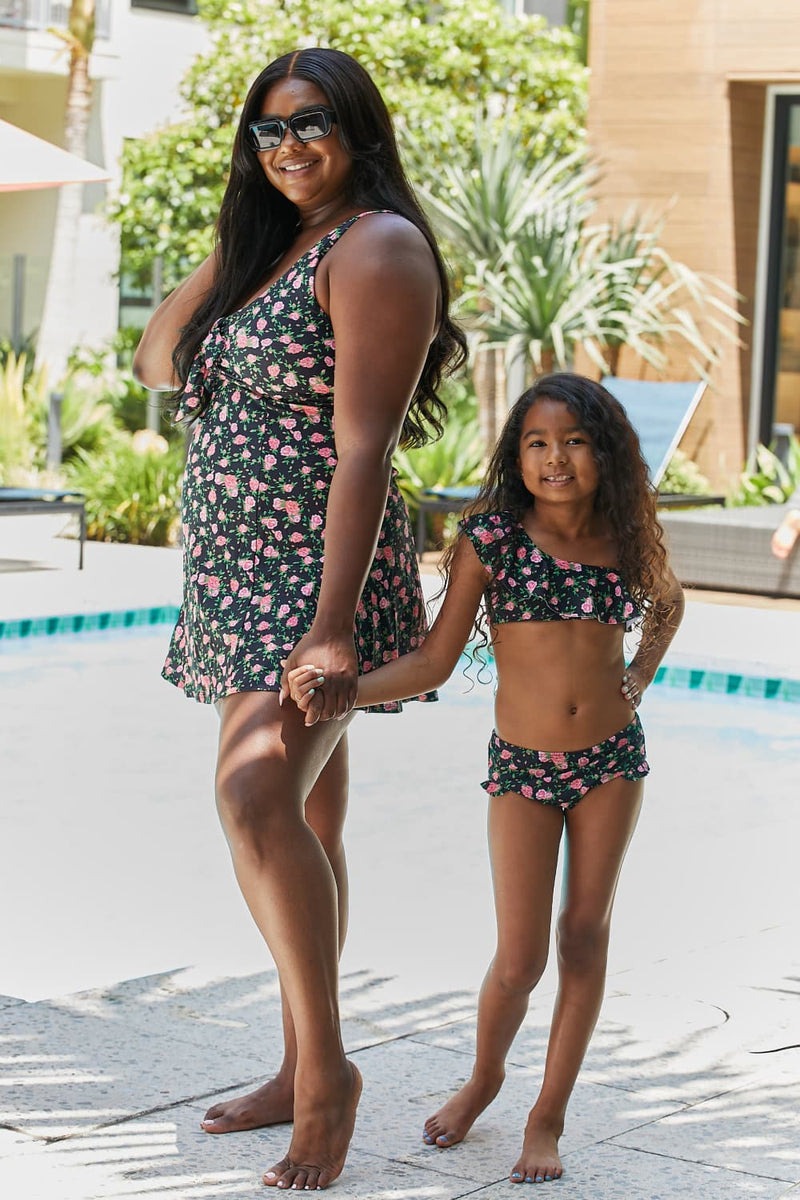 Clear Waters Swim Dress in Black Roses