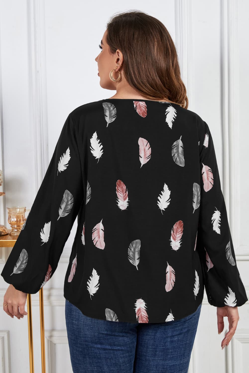 Plus Size Printed Long Sleeve Cutout Blouse