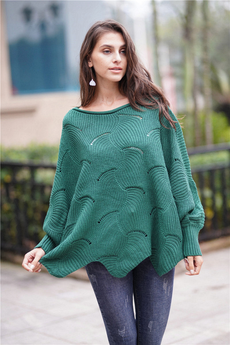 Openwork Boat Neck Sweater with Scalloped Hem- 12 Colors