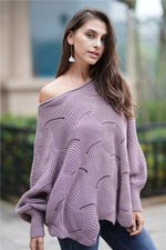 Openwork Boat Neck Sweater with Scalloped Hem- 12 Colors