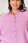 Texture Button Up Raw Hem Long Sleeve in Pink