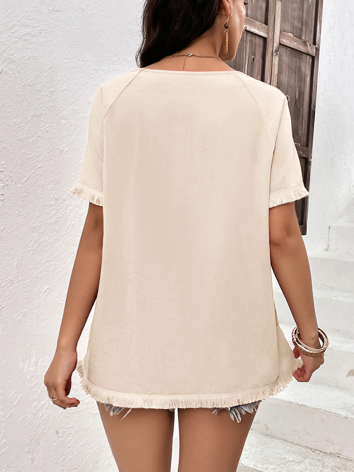 Round Neck Raglan Sleeve Fringe Detail Top