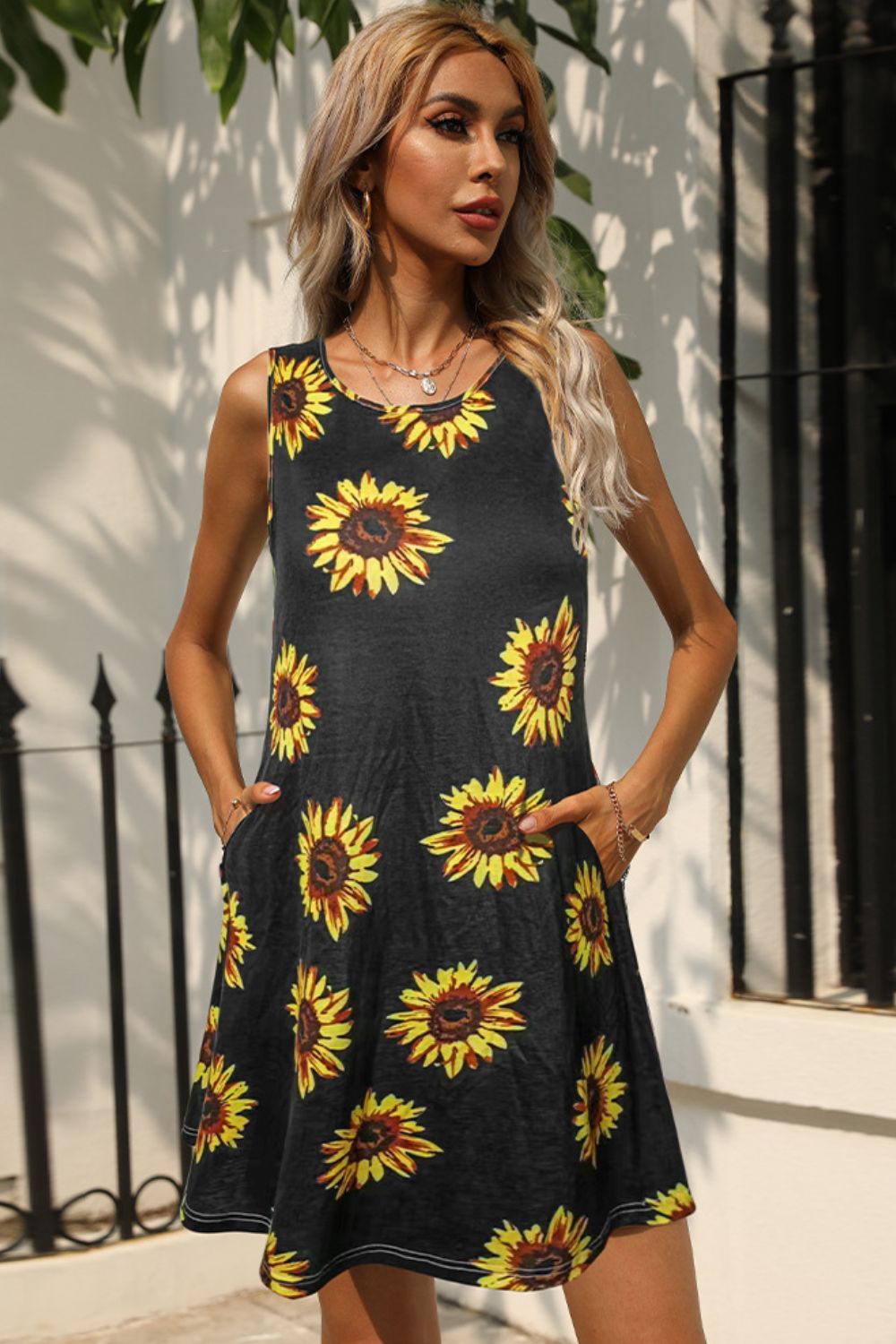 Printed Sleeveless Dress with Pockets