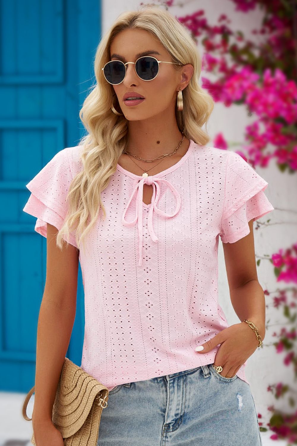 Riley Eyelet Tie-Neck Flutter Sleeve Blouse